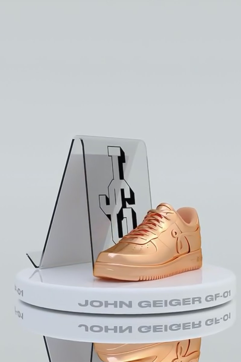 John geiger first nft gold silver bronze nike lawsuit gf-01 sneaker gold silver bronze signed papers physical art piece digital collectible release info discord