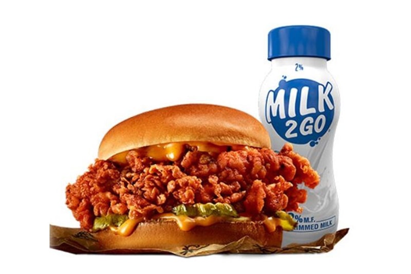 KFC Kentucky Scorcher Chicken Sandwich with Milk 2 Go Scoville level of 13,500 Carolina Reaper Canada 