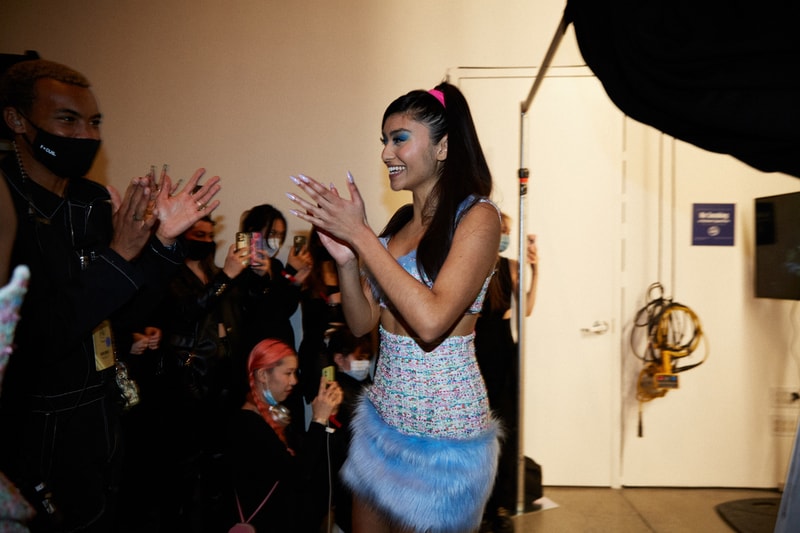 new york fashion week fall winter 2022 dresses kylie jenner runway spring studios asian jade digital asset dress lace dragon floral serenity