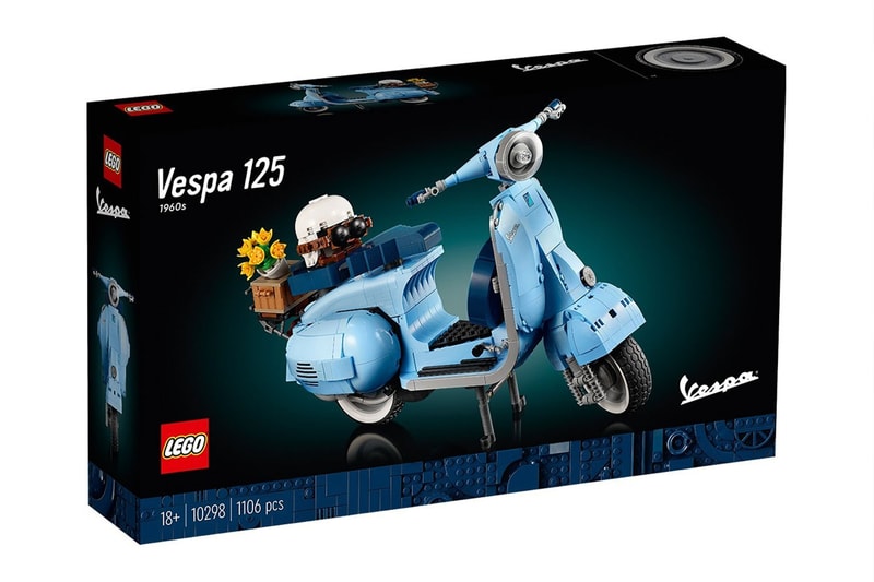 LEGO 1960 Vespa 125 adults 75th anniversary blue build 2 seats removable engine cover engine kickstand steering Italian license plate spare wheel helmet 10298 la dolce vita gift release info