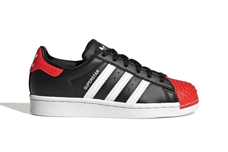 Lego adidas Originals superstar shoes brick tiles side leather red blue black white recycled content gx3382 gy3324 release info news