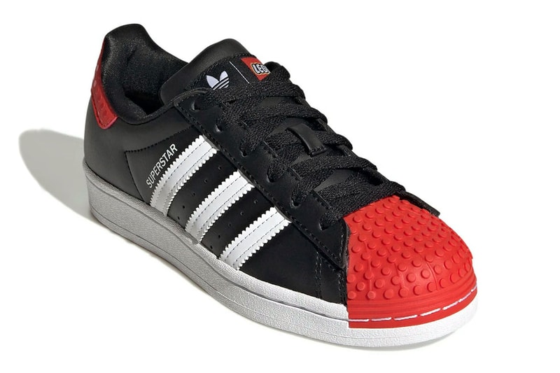 Lego adidas Originals superstar shoes brick tiles side leather red blue black white recycled content gx3382 gy3324 release info news