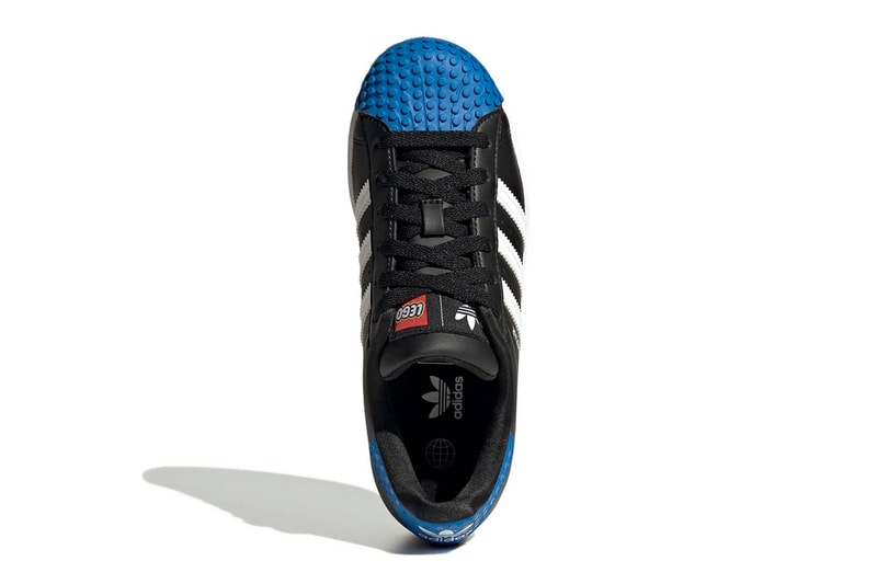 Lego adidas Originals superstar shoes brick tiles side leather red blue black white recycled content gx3382 gy3324 release info news