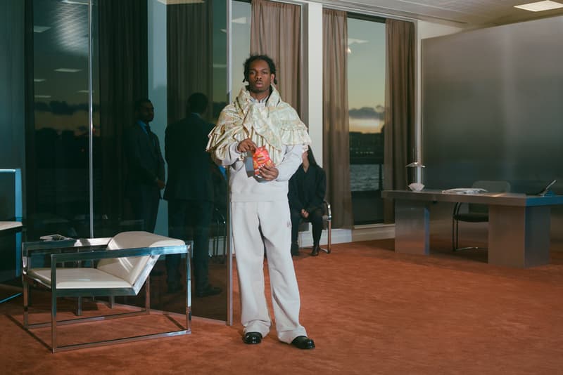 Martine Rose Fall/Winter 2022 Collection London Fashion Week Lookbook Granny Bed Sheets Sustainable Deadstock Materials Vintage Knickers Leather COVID Pandemic Work From Home Suits Tailoring