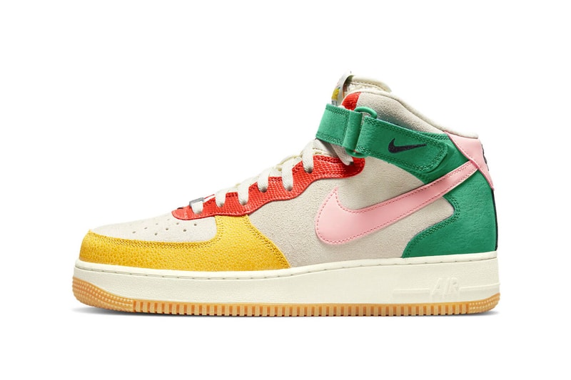 Nike Air Force 1 Mid Coconut Milk Official Look pink patent leather green yellow pebbled suede orange coconut milk spring plant buds release info price DR0158 100130 usd