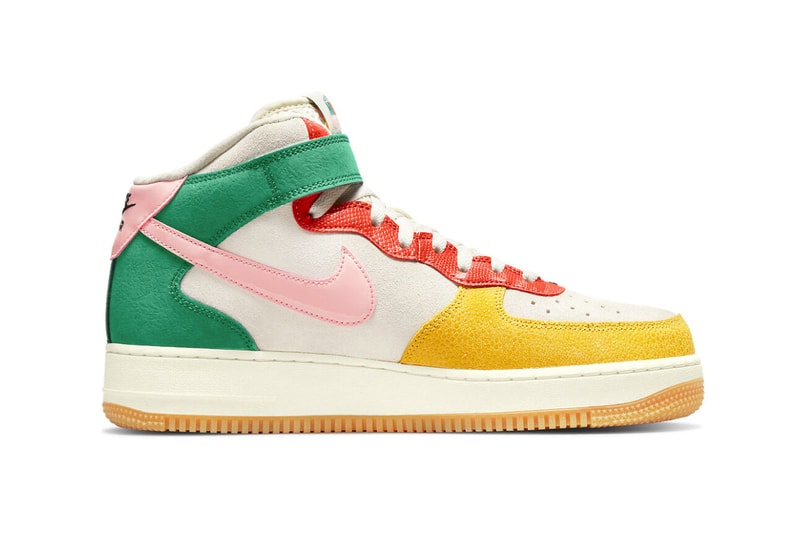 Nike Air Force 1 Mid Coconut Milk Official Look pink patent leather green yellow pebbled suede orange coconut milk spring plant buds release info price DR0158 100130 usd