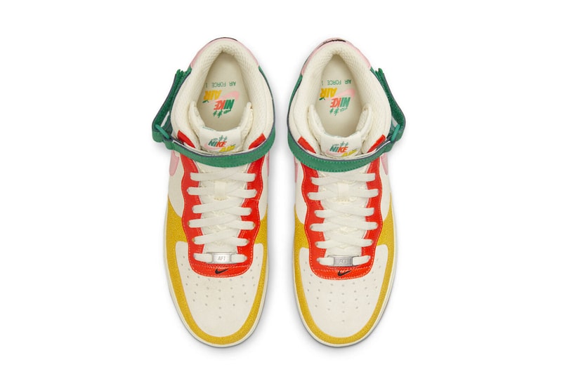 Nike Air Force 1 Mid Coconut Milk Official Look pink patent leather green yellow pebbled suede orange coconut milk spring plant buds release info price DR0158 100130 usd
