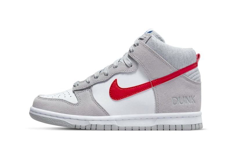 nike dunk high athletic club dh 9750 001 red grey white official photos swoosh suede leather rubber 2022 release info price 