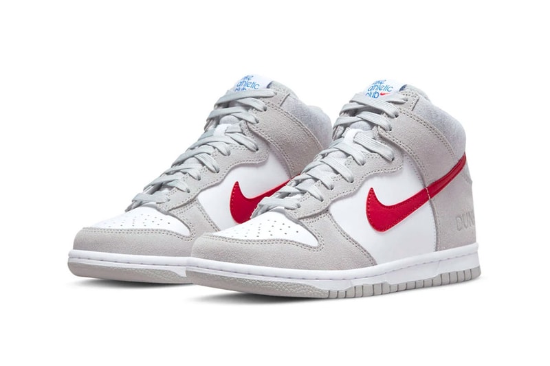 nike dunk high athletic club dh 9750 001 red grey white official photos swoosh suede leather rubber 2022 release info price 