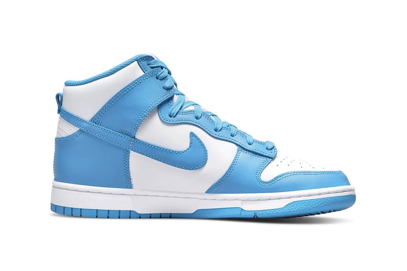 white and blue dunks high