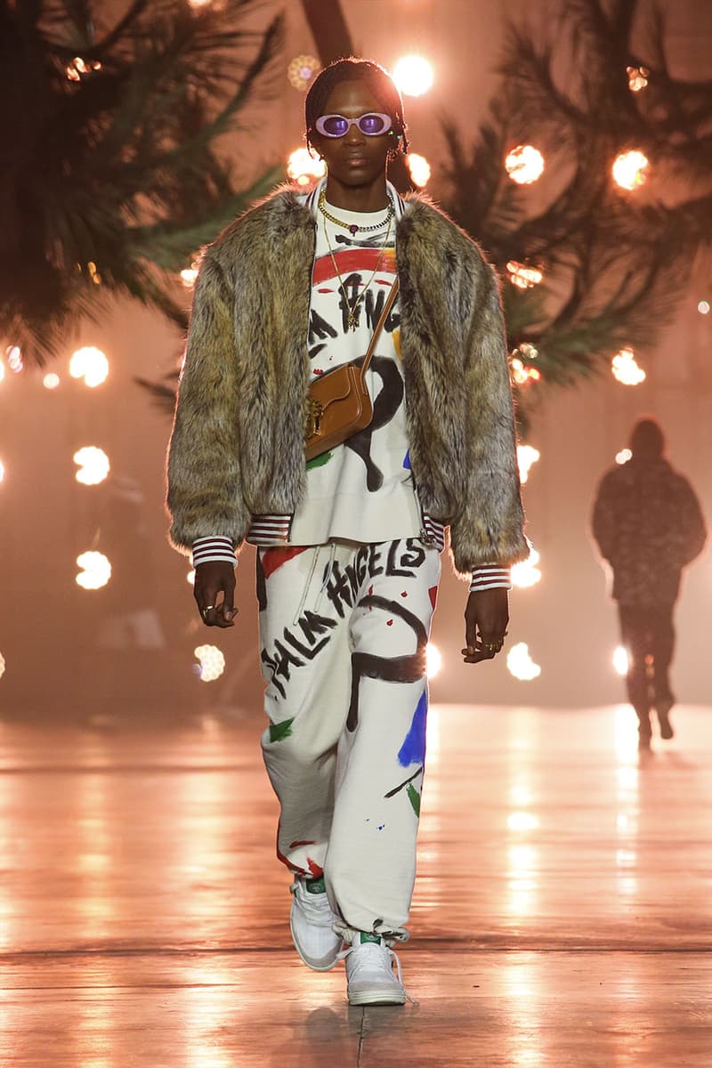 Palm Angels FW22 California LA Francesco Ragazzi animal prints rhinestone glitter tracksuits  shearling jackets tracksuit bands cardigan jackets leather pajamas bathrobe palm motifs flames stars lookbook runway show images