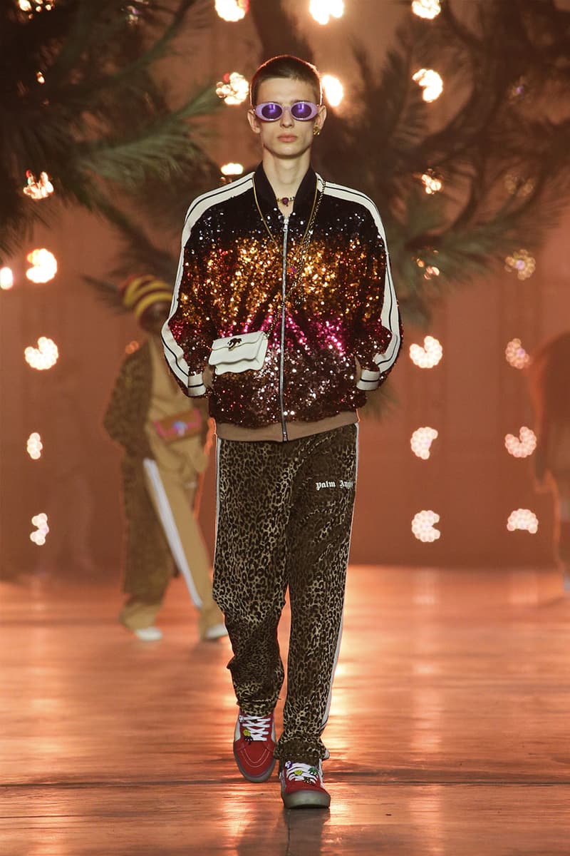 Palm Angels FW22 California LA Francesco Ragazzi animal prints rhinestone glitter tracksuits  shearling jackets tracksuit bands cardigan jackets leather pajamas bathrobe palm motifs flames stars lookbook runway show images