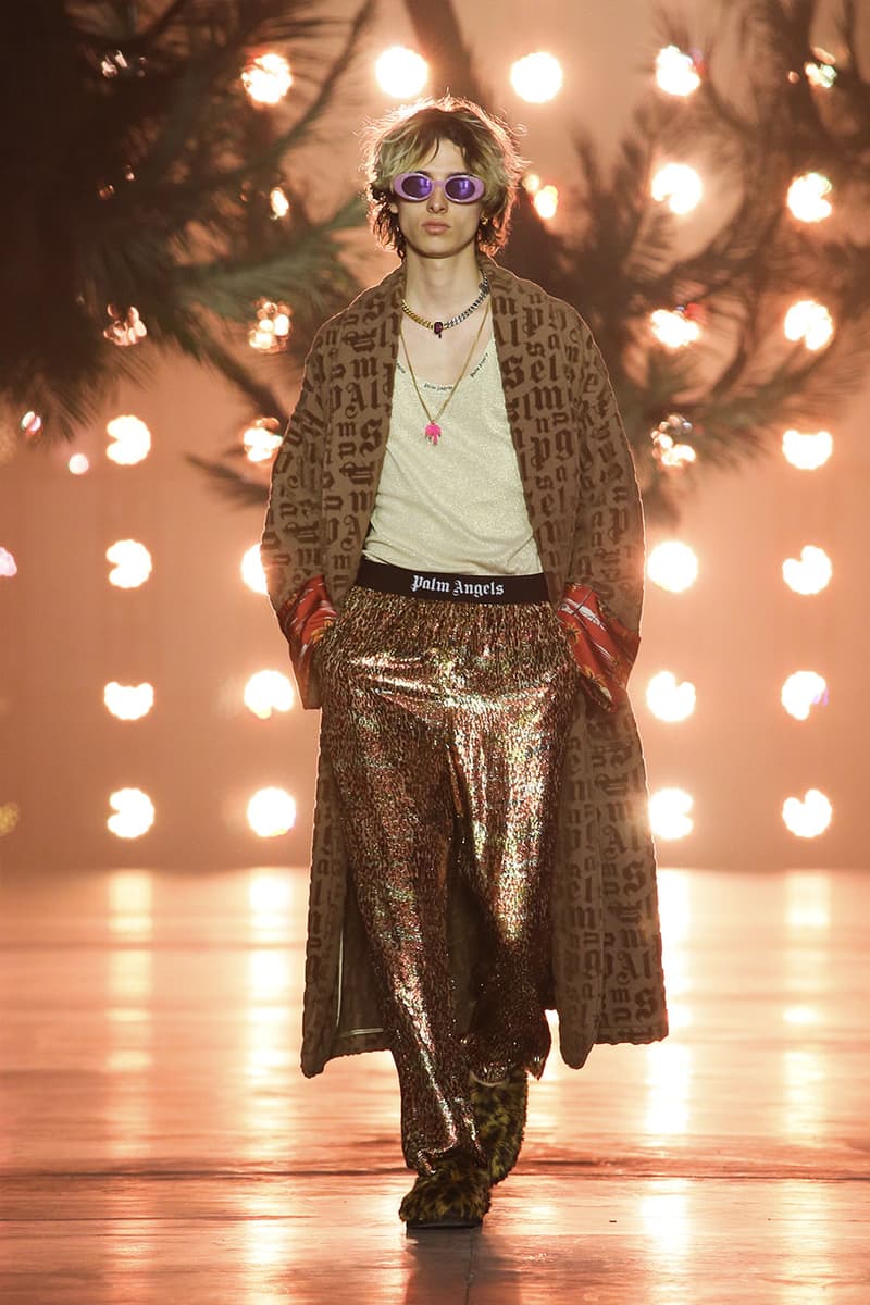 Palm Angels FW22 California LA Francesco Ragazzi animal prints rhinestone glitter tracksuits  shearling jackets tracksuit bands cardigan jackets leather pajamas bathrobe palm motifs flames stars lookbook runway show images