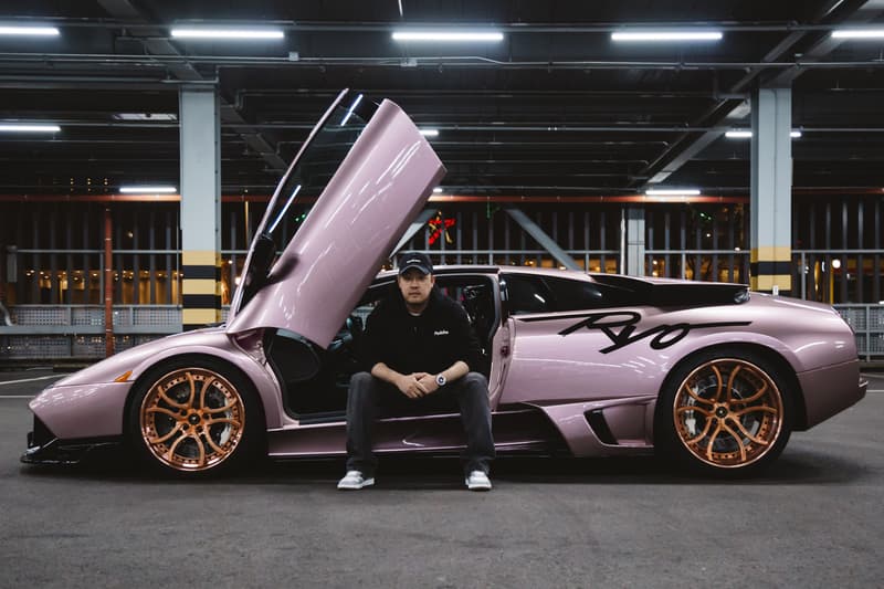 Peaches Ryo and His 2003 Lamborghini Murcielago drivers hypebeast car club purple pink gold rims