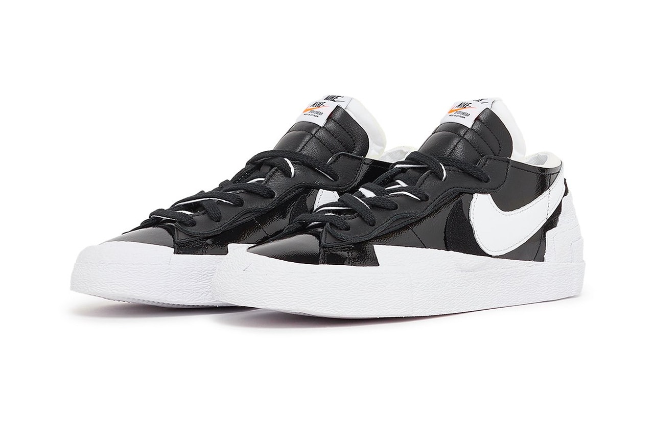 sacai nike blazer low black white glossy uppers patent leather release info date store list buying guide photos price