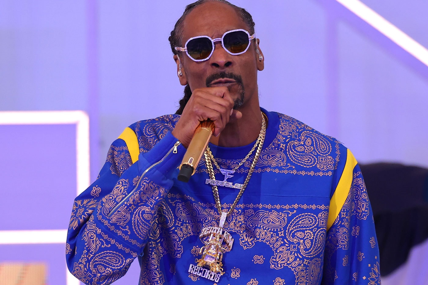 Take a Closer Look at Snoop Dogg's New Iced Out Death Row Records Chain He Wore to Super Bowl LVI los angeles rams cincinatti bengals joe burrows odell beckham jr objr mattew stafford