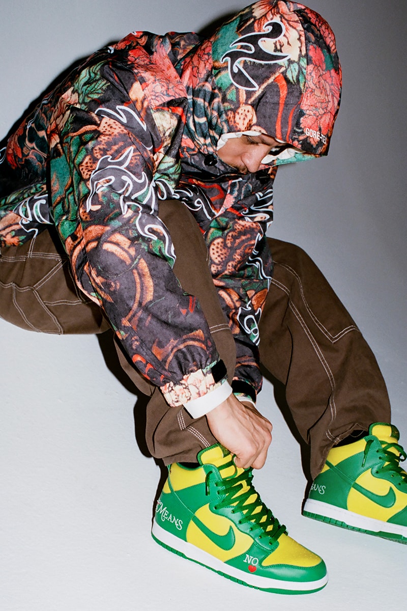 Supreme Nike SB Dunk High Spring Summer 2022 Collab Release Info Date Buy Price By Any Means Black White Varsity Red Navy Red Varsity Maize Pine Green
