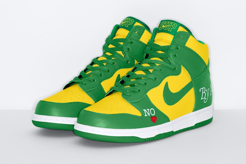 Supreme Nike SB Dunk High Spring Summer 2022 Collab Release Info Date Buy Price By Any Means Black White Varsity Red Navy Red Varsity Maize Pine Green