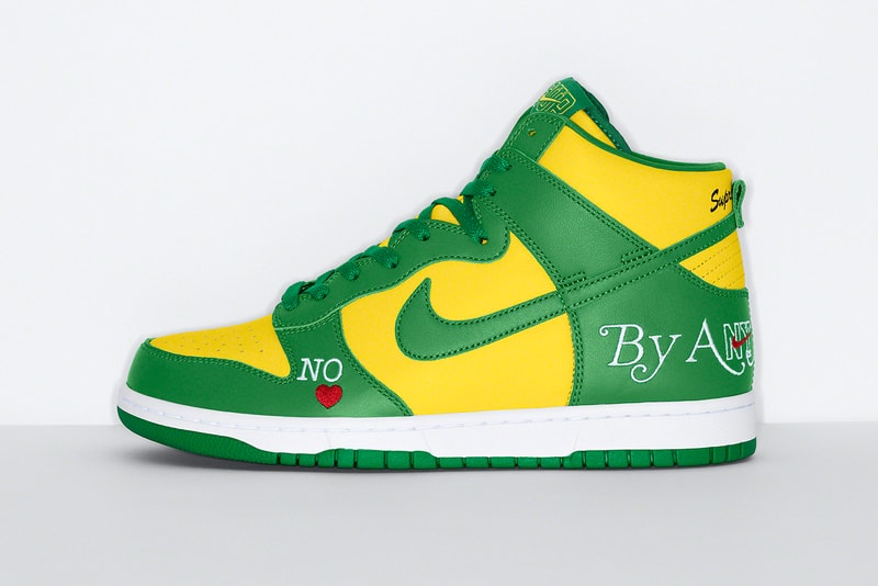 Supreme Nike SB Dunk High Spring Summer 2022 Collab Release Info Date Buy Price By Any Means Black White Varsity Red Navy Red Varsity Maize Pine Green