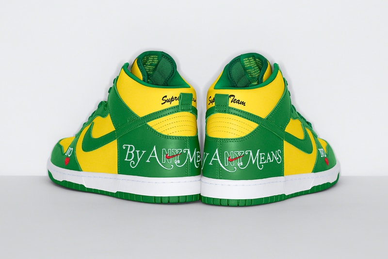 Supreme Nike SB Dunk High Spring Summer 2022 Collab Release Info Date Buy Price By Any Means Black White Varsity Red Navy Red Varsity Maize Pine Green