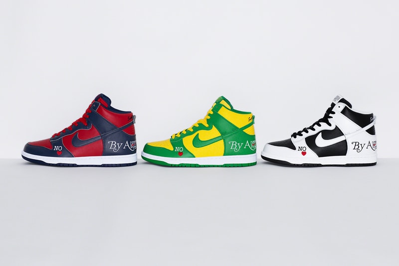 Supreme Nike SB Dunk High Spring Summer 2022 Collab Release Info Date Buy Price By Any Means Black White Varsity Red Navy Red Varsity Maize Pine Green