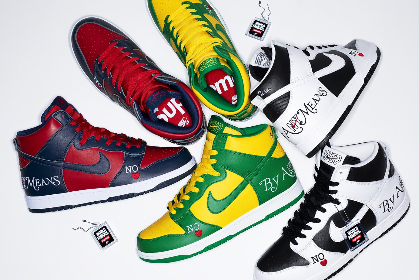 Supreme Nike SB Dunk High Spring Summer 2022 Collab Release Info Date Buy Price By Any Means Black White Varsity Red Navy Red Varsity Maize Pine Green