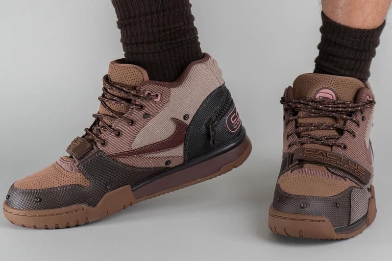 Travis Scott Nike Air Trainer 1 Wheat On-Foot Look Release Info DR7515-200 Date Buy Price Coriander Ashen Slate Light Sienna