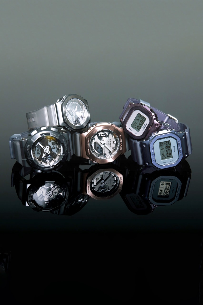 G-SHOCK Unveils Midnight Fog Collection Carbon Core Guard GM2100MF GM110MF GM5600MF Metal Body Neutral Subdued Bezel Crystal Case Dial Lugs Pusher Crown Stopwatch Countdown Timer LED Light Colorways Timepiece Watches GA-2100 Translucent Straps Hands Face Contemporary Design Fog Essence Vaporized Blue Gold Silver Stainless Steel Ion Plated