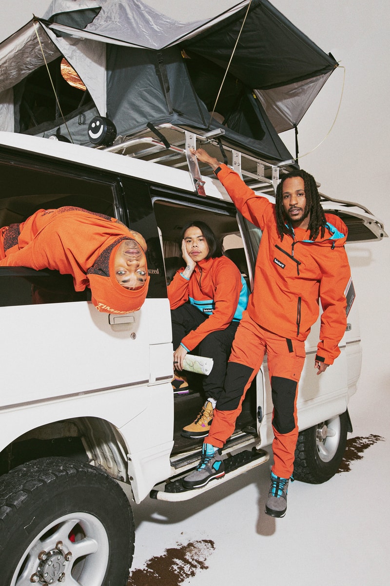 Timberland Performance-Driven Performance Wear Casual Outdoor Archive Collection Thuan Tran ONLUNCHBREAK Campaign Lookbook Creative Agency Orange Black Water-Resistant Water-Repellent Shell Recycled Nylon Apparel Outerwear Climbing Jogger Hoodies Archive T-Shirts Windbreakers Long-Sleeves Anorak Bold Colors Punchy Colorways Nylon Genderless Gender-Inclusive Unisex Gender-Fluid Eurohike Boot Collection Nubuck