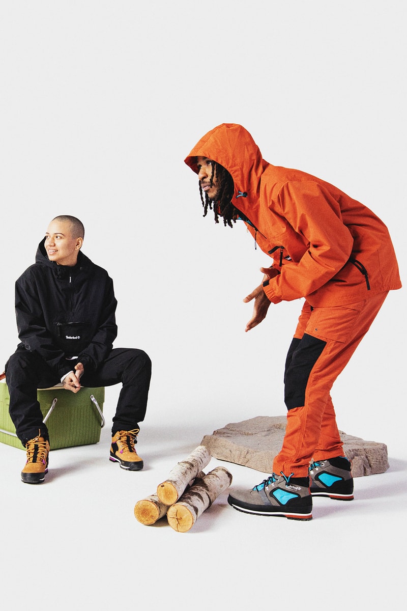 Timberland Performance-Driven Performance Wear Casual Outdoor Archive Collection Thuan Tran ONLUNCHBREAK Campaign Lookbook Creative Agency Orange Black Water-Resistant Water-Repellent Shell Recycled Nylon Apparel Outerwear Climbing Jogger Hoodies Archive T-Shirts Windbreakers Long-Sleeves Anorak Bold Colors Punchy Colorways Nylon Genderless Gender-Inclusive Unisex Gender-Fluid Eurohike Boot Collection Nubuck