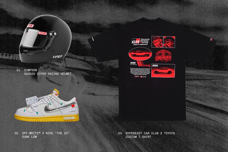 Toyota GR86 Merch Giveaway Sleek Auto-Themed Fit Merchandise 2022 Iconic Sports Coupe Racing Legacy Drift Scene HYPEBEAST Instagram Page Exclusive Apparel Entry HYPEBEAST Car Club Simpson SA2020 Viper Racing Helmet Nike x Off White “The 50” Collection Dunk Low AE86 1984