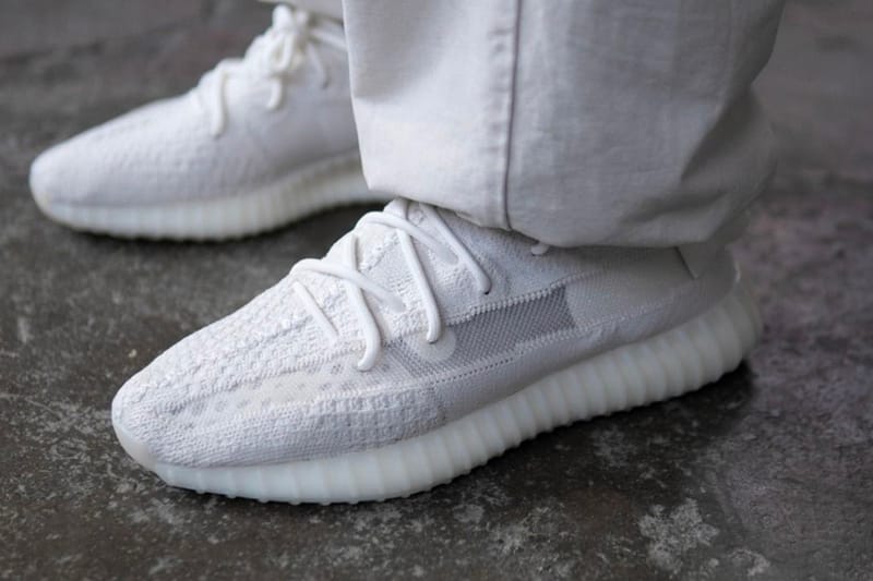 white yeezy 350 on feet