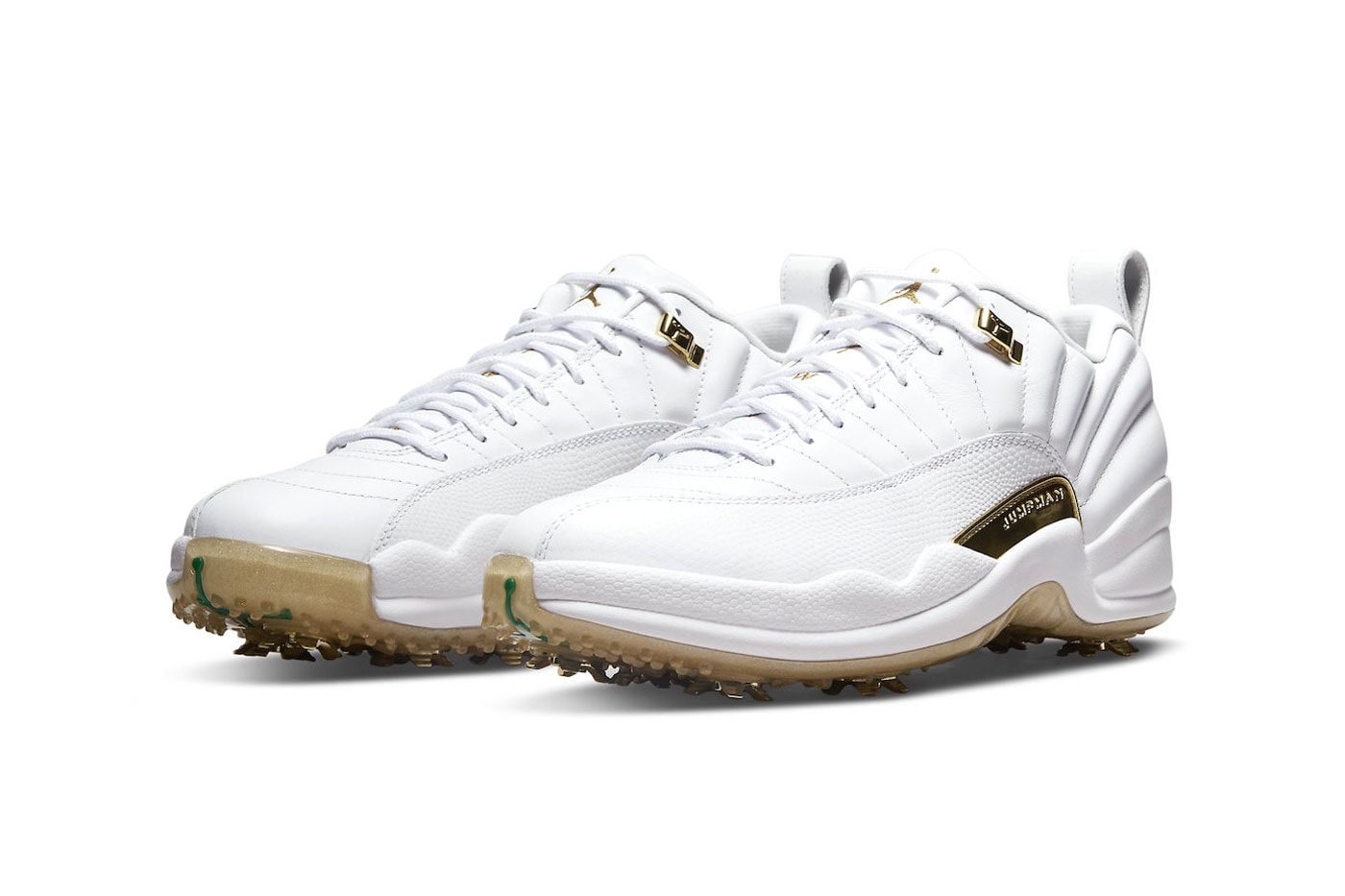 Air Jordan 12 Low Golf Masters Tournament Metallic Gold green soft spikes white leather gum release info date price