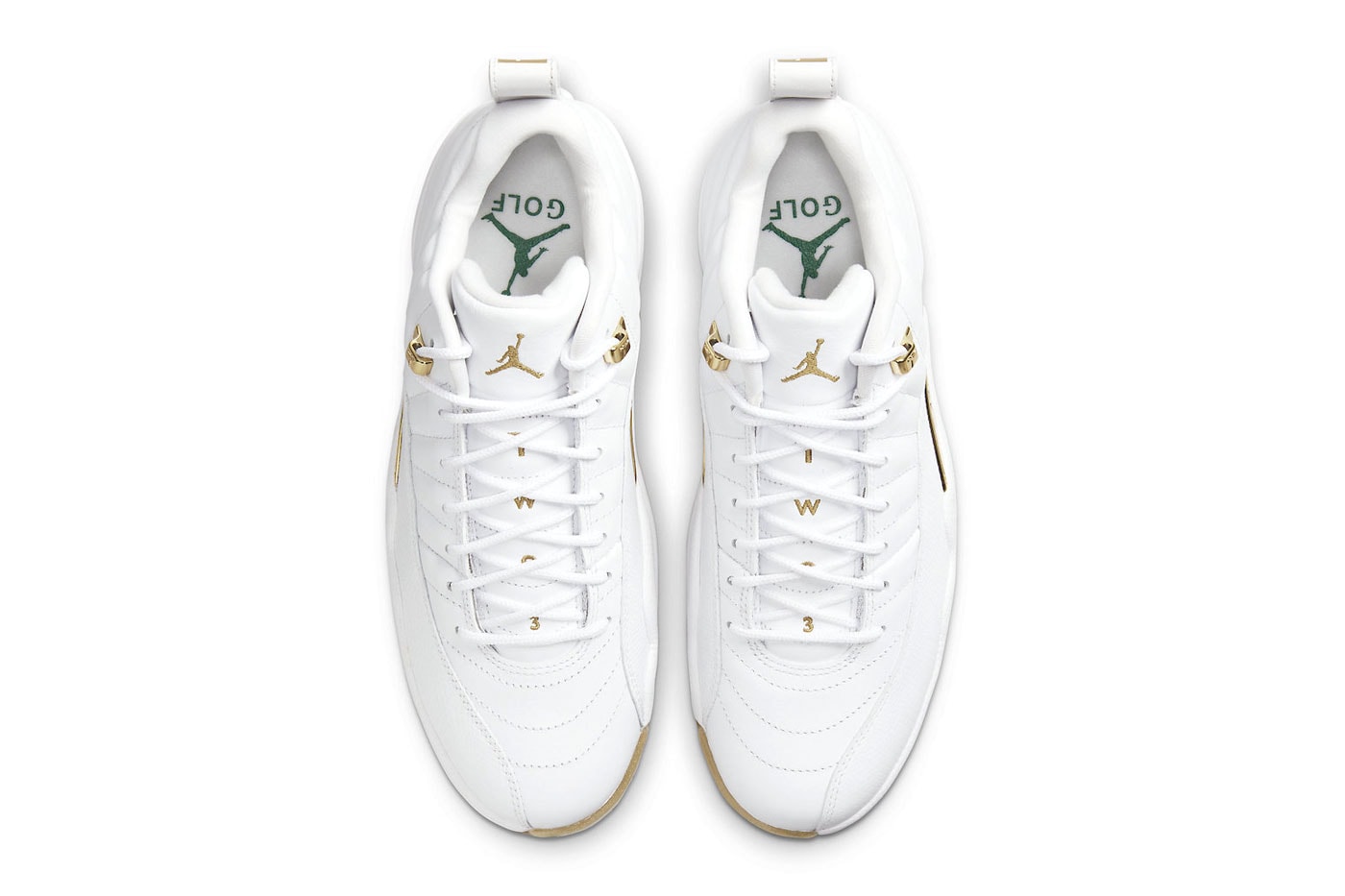 Air Jordan 12 Low Golf Masters Tournament Metallic Gold green soft spikes white leather gum release info date price