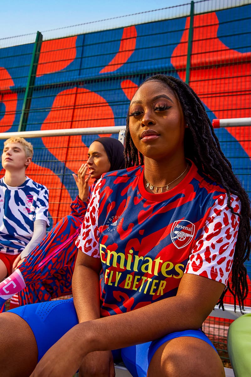 adidas arsenal football soccer women's stella mccartney collection release details information ultraboost 22 prematch jersey leopard print