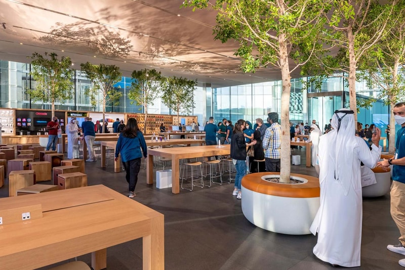 Apple maryah island store abu dhabi opening waterfront promenade foster partners securities exchange building stepped pyramid waterfall news