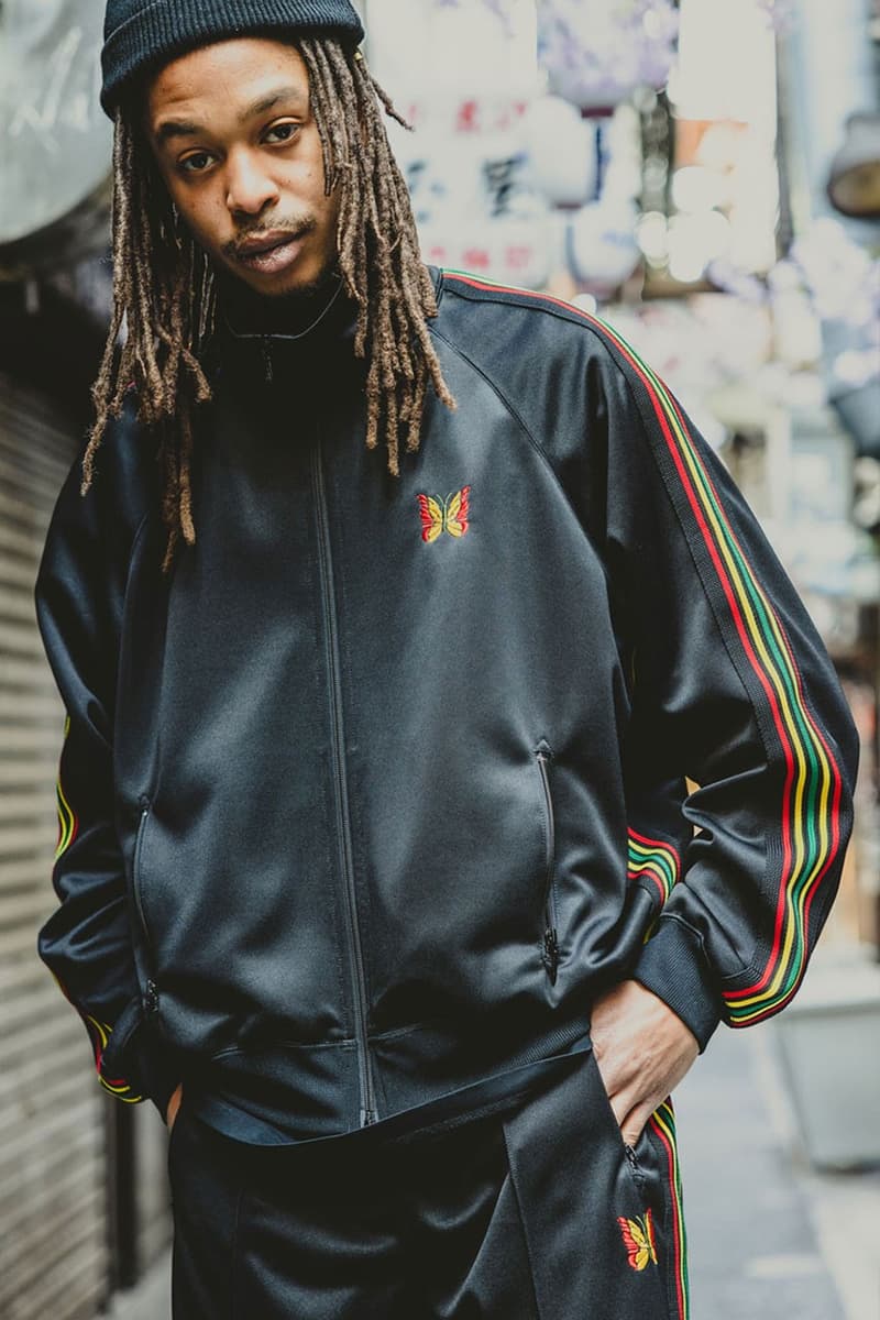 Needles Beams tracksuits poly smooth track jacket pant yellow green red bob marley rasta rastafari africa release info