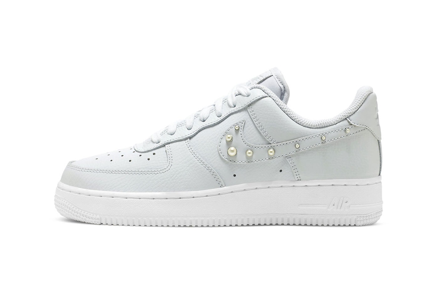 This Nike Air Force 1 Low Arrives With Pearl Studded Swoosh DV3810 001 light grey soft gray white tumbled leather release info price date
