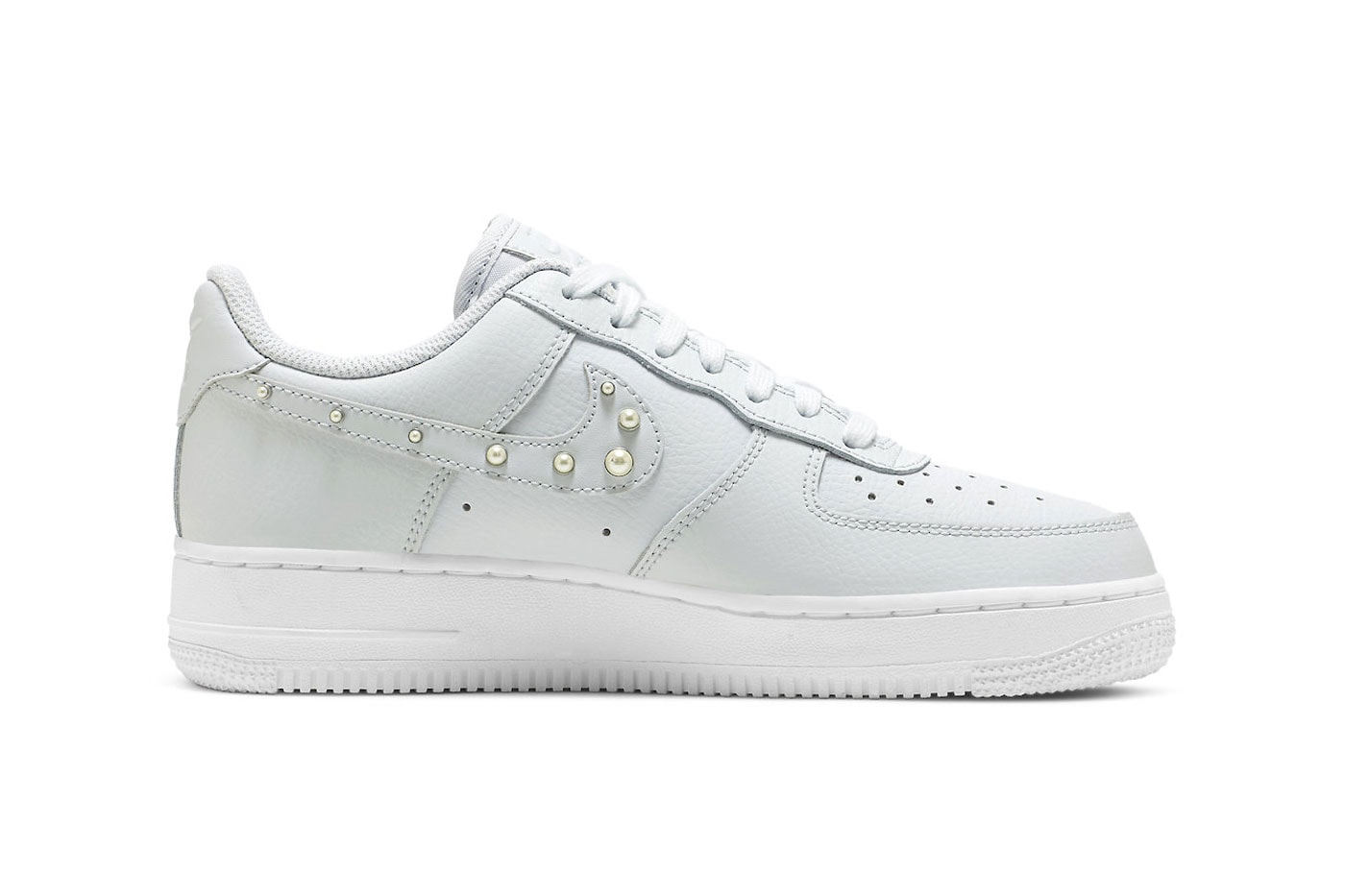 This Nike Air Force 1 Low Arrives With Pearl Studded Swoosh DV3810 001 light grey soft gray white tumbled leather release info price date