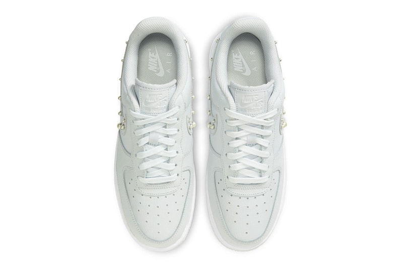 This Nike Air Force 1 Low Arrives With Pearl Studded Swoosh DV3810 001 light grey soft gray white tumbled leather release info price date