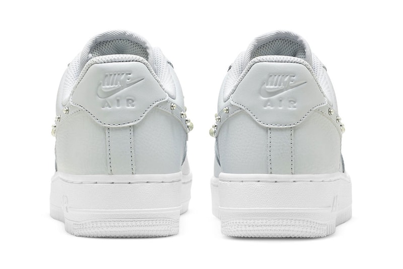 This Nike Air Force 1 Low Arrives With Pearl Studded Swoosh DV3810 001 light grey soft gray white tumbled leather release info price date