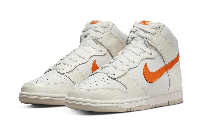 orange and white nike dunks high