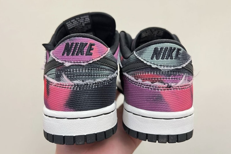Nike Dunk Low Graffiti swoosh red pink purple black white gray green frayed edge graphics release info first look images