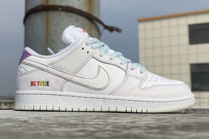 Nike SB Dunk Low Be true White rainbow baby blue purple zipper pouch tongue leather sample lgbtqia community release info 
