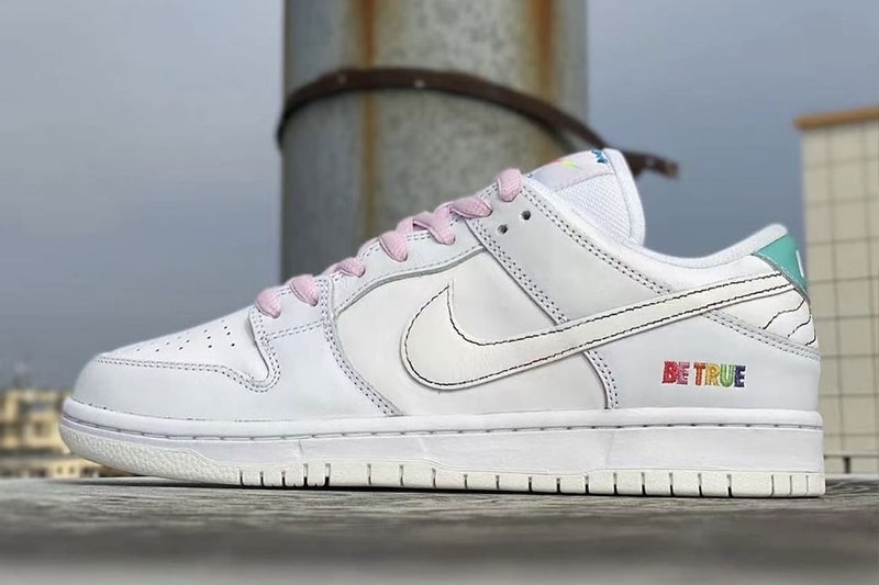 Nike SB Dunk Low Be true White rainbow baby blue purple zipper pouch tongue leather sample lgbtqia community release info 