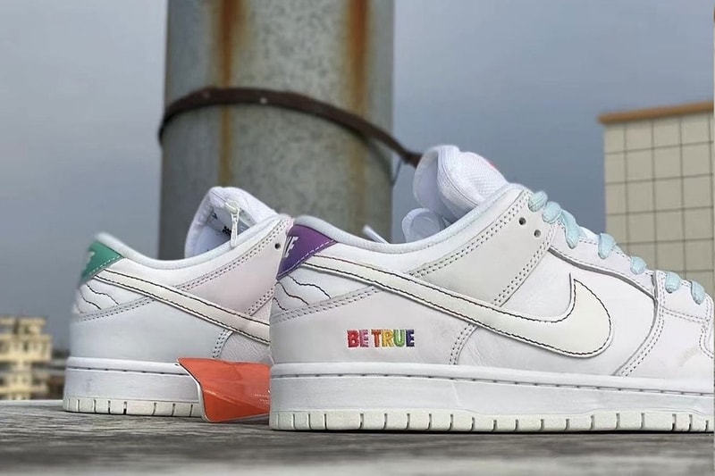 Nike SB Dunk Low Be true White rainbow baby blue purple zipper pouch tongue leather sample lgbtqia community release info 