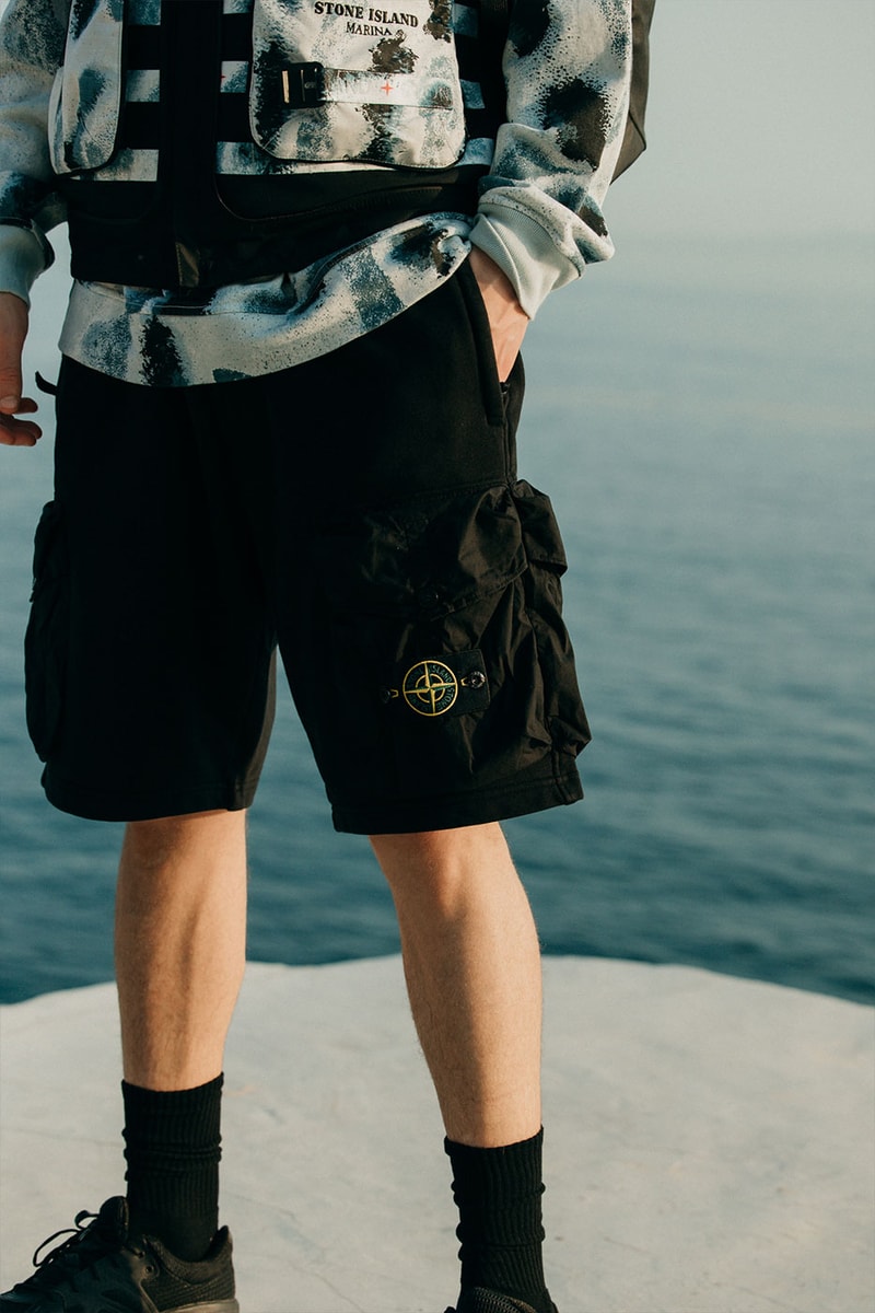 Stone Island SS22 Marina Shadow Project New Arrivals HBX Release Info Price Buy 3 Layer Gore Tex Vest Jacket Cargo Reef Camo Cardigan Caps Belt Pouches Shorts