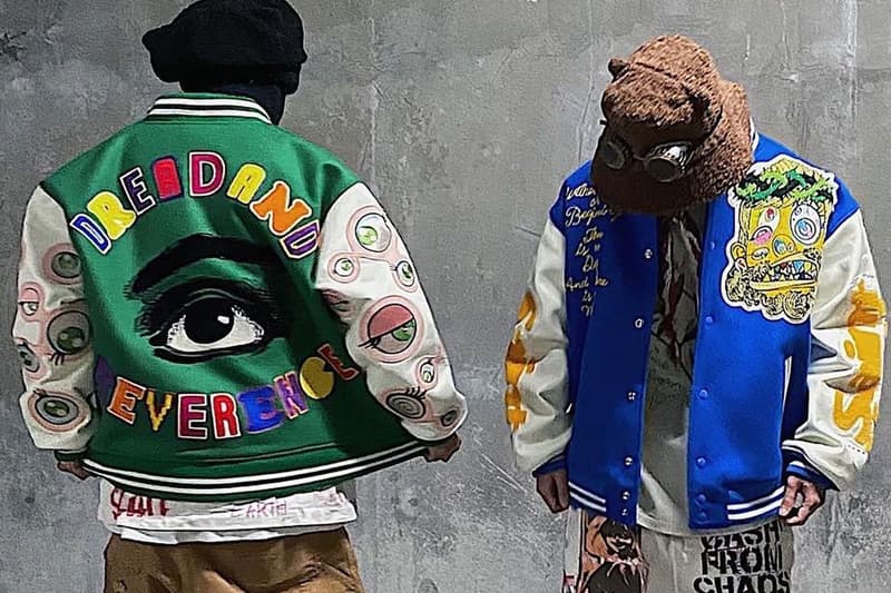 takashi murakami saint michael mx6 m xxxxxx letterman jackets jesus crucifixion eye quotes blue green stadium outwear release info price date