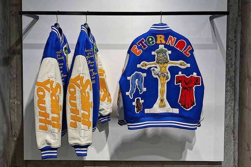 takashi murakami saint michael mx6 m xxxxxx letterman jackets jesus crucifixion eye quotes blue green stadium outwear release info price date