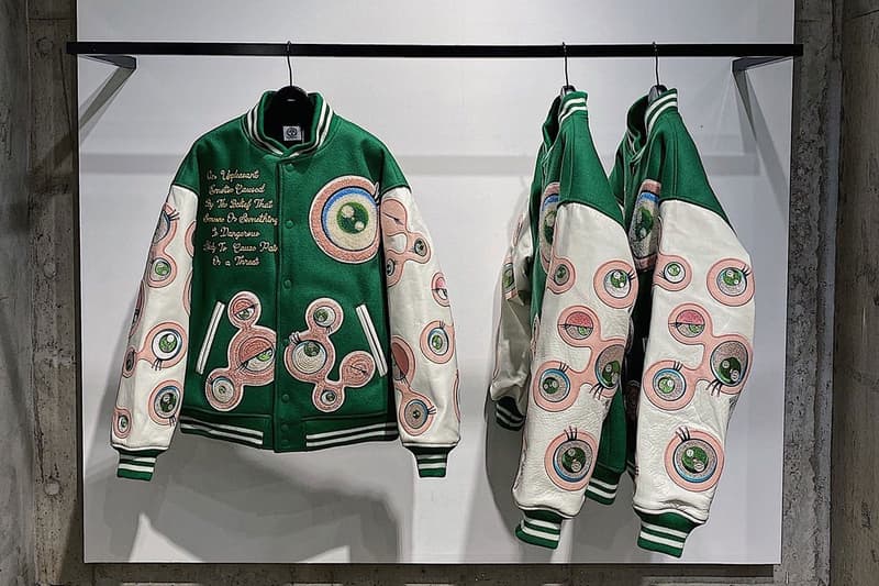 takashi murakami saint michael mx6 m xxxxxx letterman jackets jesus crucifixion eye quotes blue green stadium outwear release info price date